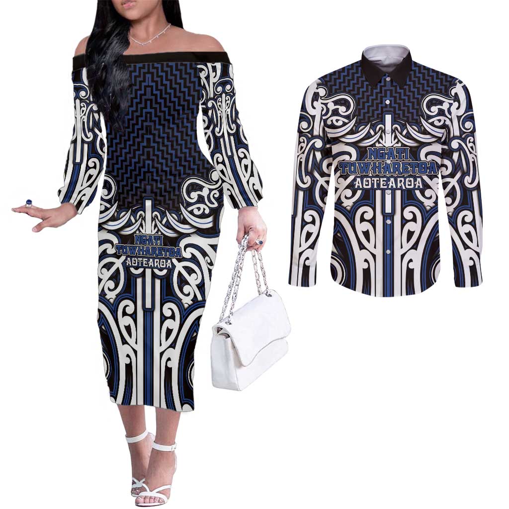 Custom Aotearoa Ngati Tuwharetoa Couples Matching Off The Shoulder Long Sleeve Dress and Long Sleeve Button Shirt Maori Tribal Pattern Mix Poutama