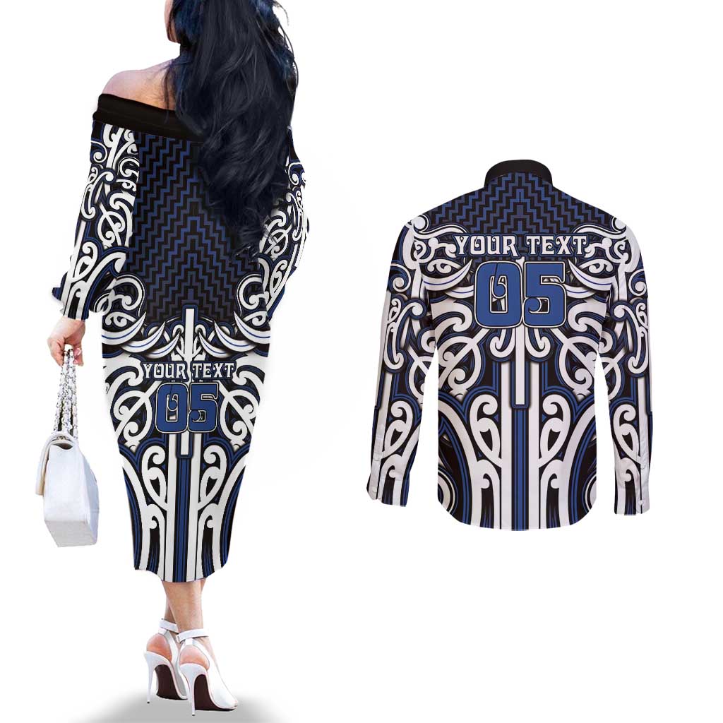 Custom Aotearoa Ngati Tuwharetoa Couples Matching Off The Shoulder Long Sleeve Dress and Long Sleeve Button Shirt Maori Tribal Pattern Mix Poutama