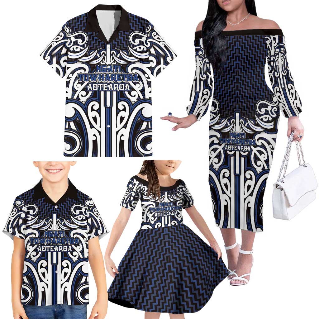 Custom Aotearoa Ngati Tuwharetoa Family Matching Off The Shoulder Long Sleeve Dress and Hawaiian Shirt Maori Tribal Pattern Mix Poutama