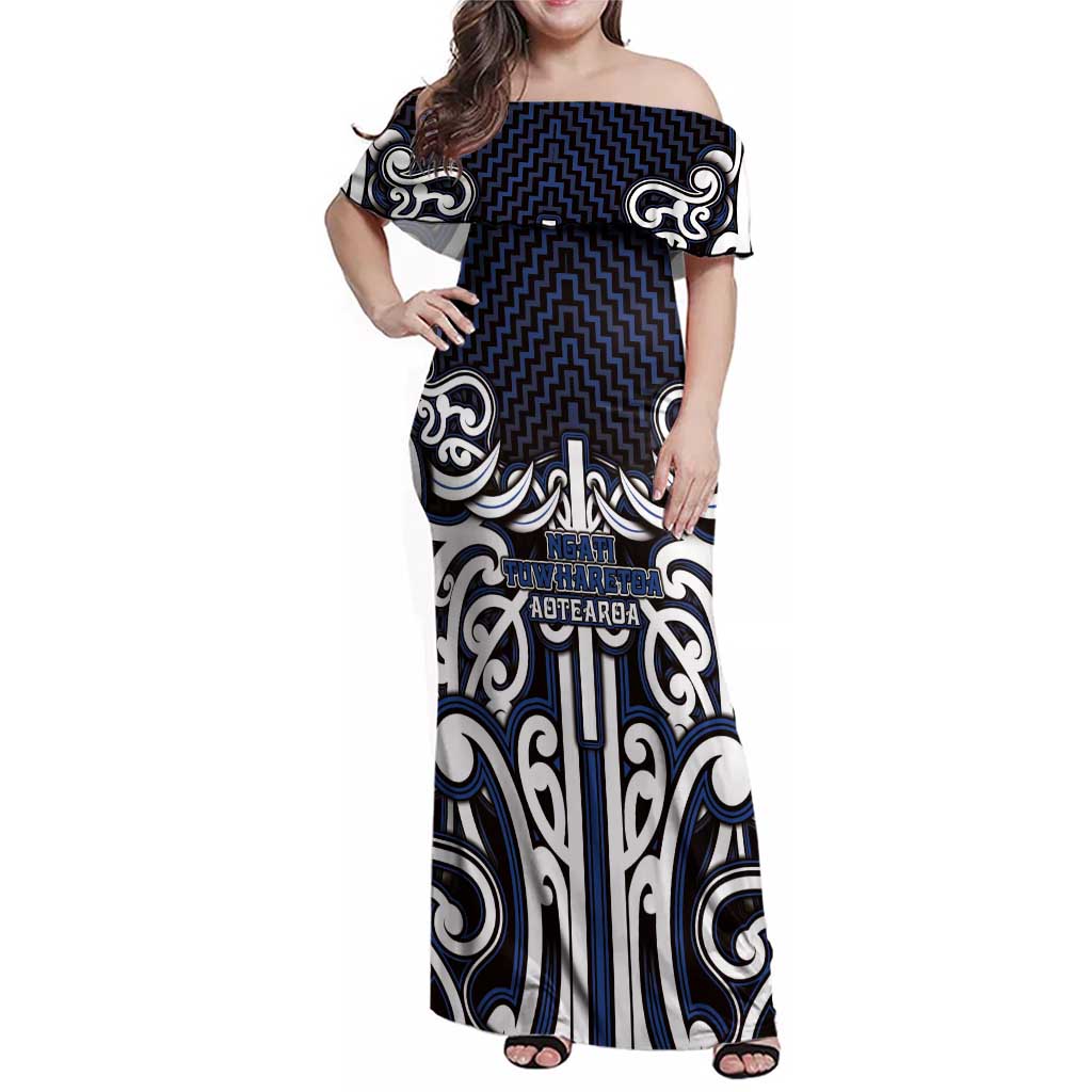 Custom Aotearoa Ngati Tuwharetoa Family Matching Off Shoulder Maxi Dress and Hawaiian Shirt Maori Tribal Pattern Mix Poutama