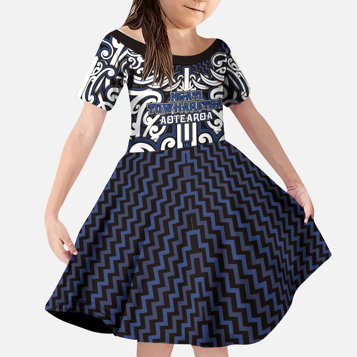 Custom Aotearoa Ngati Tuwharetoa Kid Short Sleeve Dress Maori Tribal Pattern Mix Poutama LT05 KID Navy - Polynesian Pride