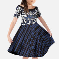 Custom Aotearoa Ngati Tuwharetoa Kid Short Sleeve Dress Maori Tribal Pattern Mix Poutama LT05 KID Navy - Polynesian Pride