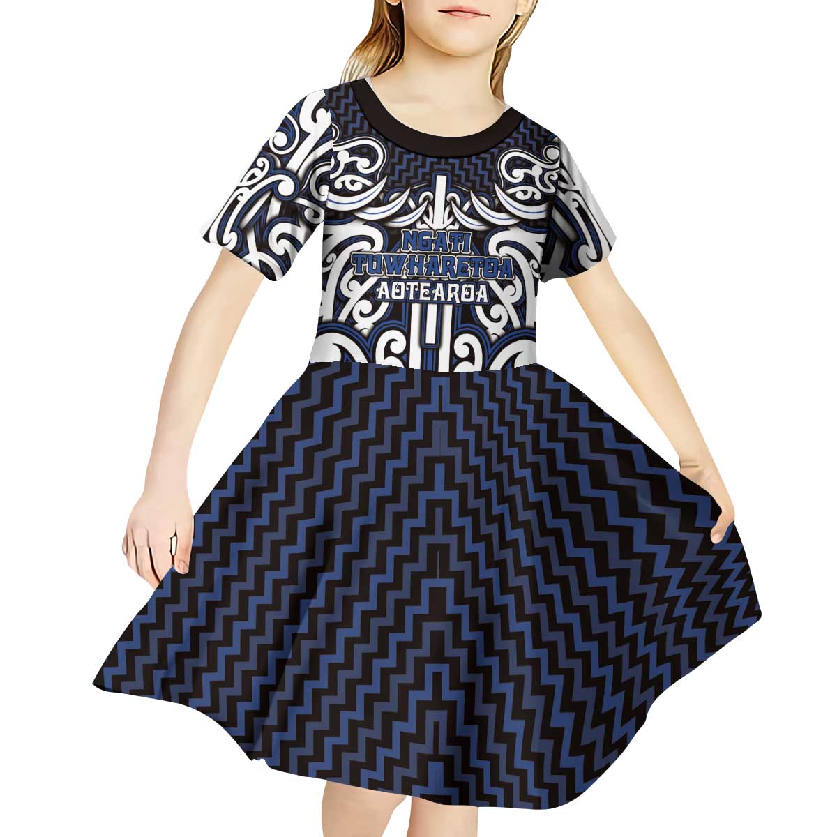 Custom Aotearoa Ngati Tuwharetoa Kid Short Sleeve Dress Maori Tribal Pattern Mix Poutama LT05 - Polynesian Pride