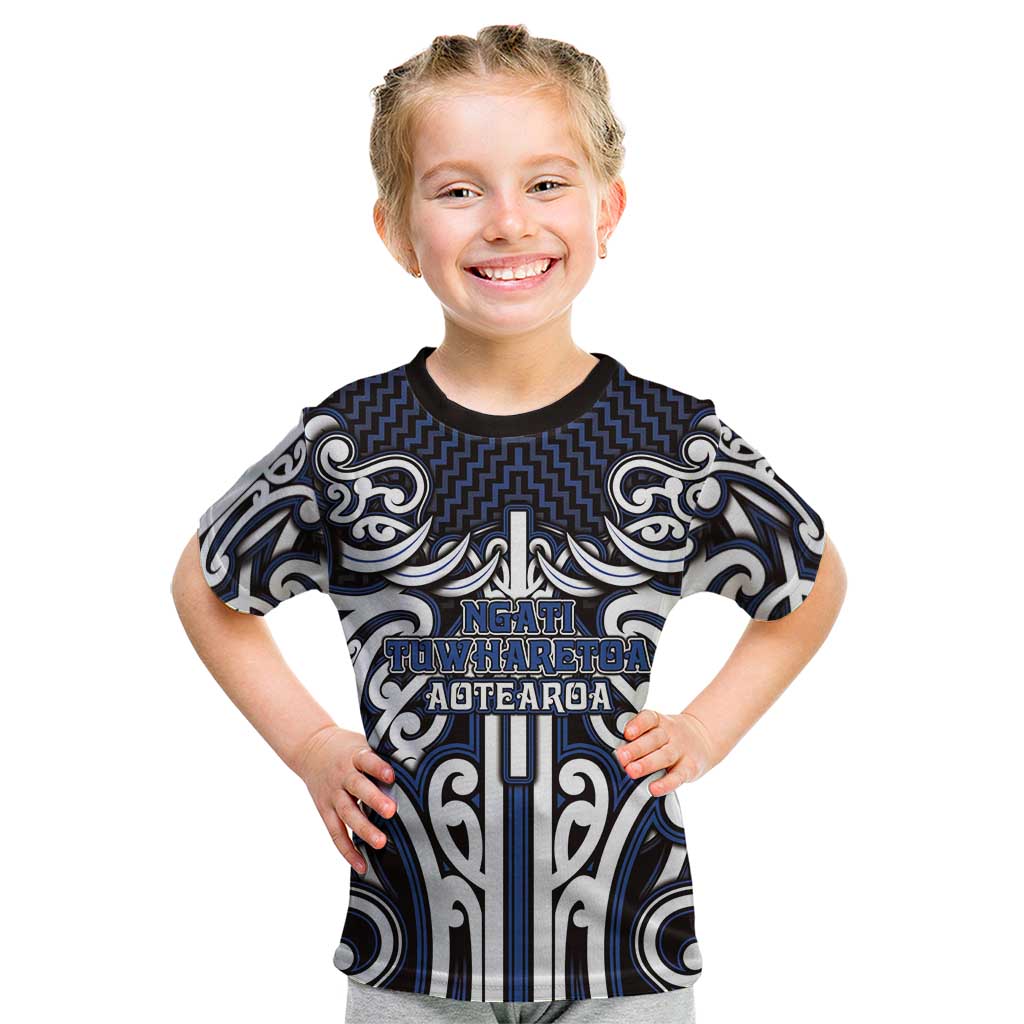 Custom Aotearoa Ngati Tuwharetoa Kid T Shirt Maori Tribal Pattern Mix Poutama LT05 Navy - Polynesian Pride