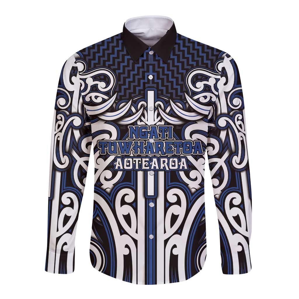 Custom Aotearoa Ngati Tuwharetoa Long Sleeve Button Shirt Maori Tribal Pattern Mix Poutama LT05 Unisex Navy - Polynesian Pride