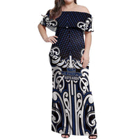 Custom Aotearoa Ngati Tuwharetoa Off Shoulder Maxi Dress Maori Tribal Pattern Mix Poutama LT05 Women Navy - Polynesian Pride