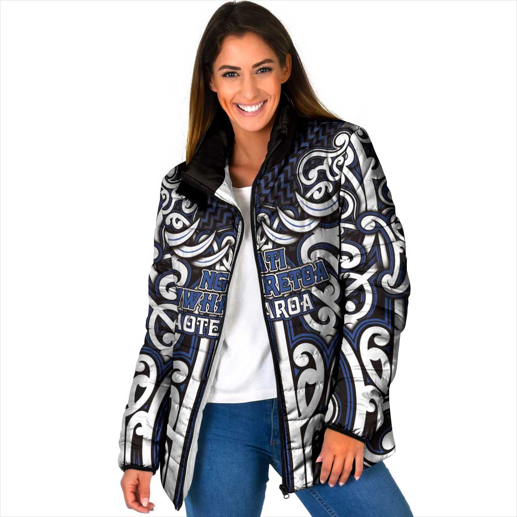 Custom Aotearoa Ngati Tuwharetoa Padded Jacket Maori Tribal Pattern Mix Poutama LT05 Women Navy - Polynesian Pride