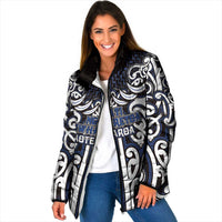Custom Aotearoa Ngati Tuwharetoa Padded Jacket Maori Tribal Pattern Mix Poutama LT05 Women Navy - Polynesian Pride