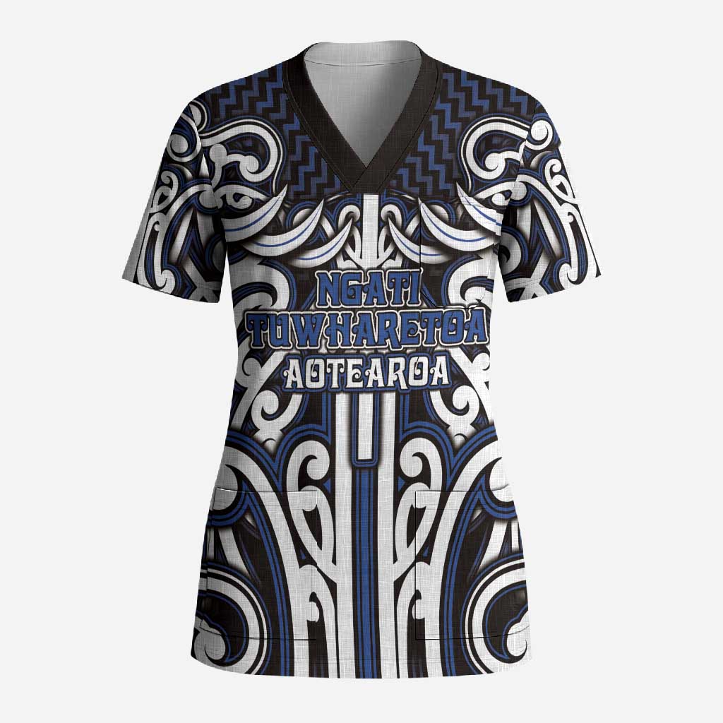 Custom Aotearoa Ngati Tuwharetoa Scrub Top Maori Tribal Pattern Mix Poutama LT05 Adult Navy - Polynesian Pride