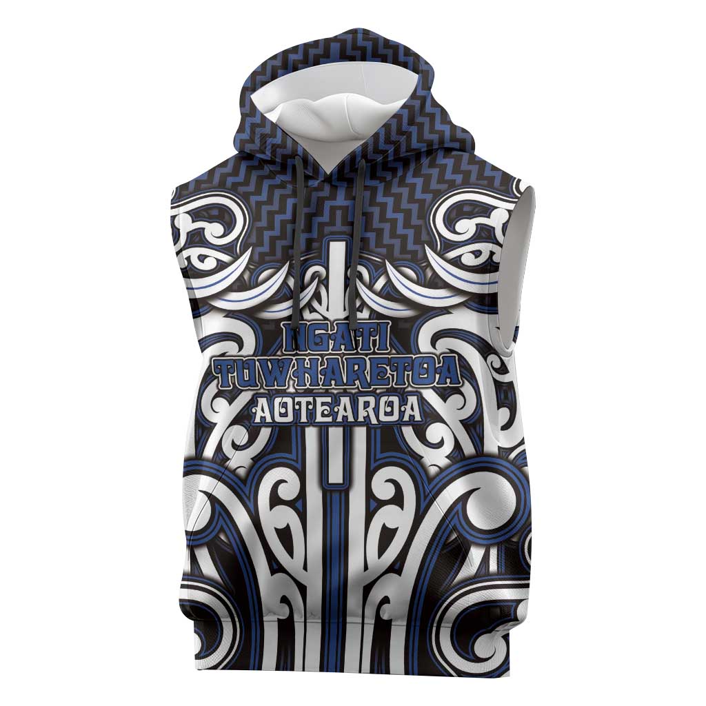 Custom Aotearoa Ngati Tuwharetoa Sleeveless Hoodie Maori Tribal Pattern Mix Poutama LT05 Navy - Polynesian Pride
