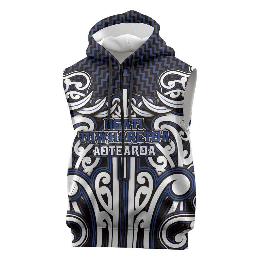 Custom Aotearoa Ngati Tuwharetoa Sleeveless Zip Hoodie Maori Tribal Pattern Mix Poutama LT05 Navy - Polynesian Pride