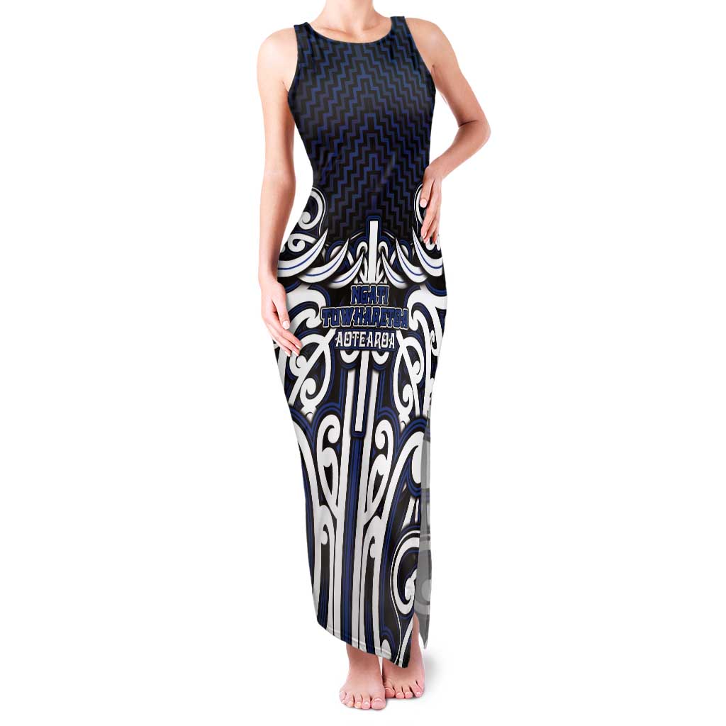 Custom Aotearoa Ngati Tuwharetoa Tank Maxi Dress Maori Tribal Pattern Mix Poutama LT05 Women Navy - Polynesian Pride