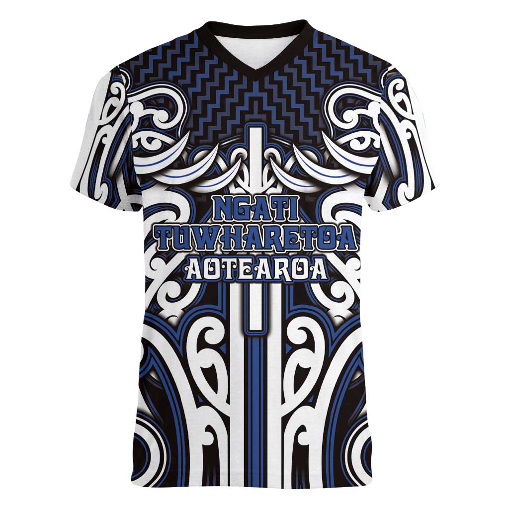 Custom Aotearoa Ngati Tuwharetoa Women V-Neck T-Shirt Maori Tribal Pattern Mix Poutama