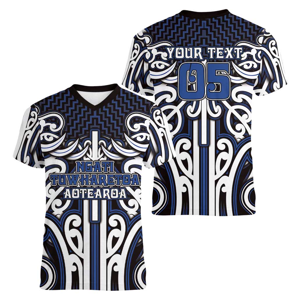 Custom Aotearoa Ngati Tuwharetoa Women V-Neck T-Shirt Maori Tribal Pattern Mix Poutama