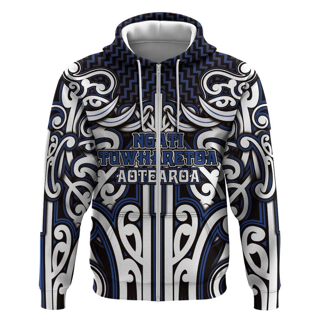 Custom Aotearoa Ngati Tuwharetoa Zip Hoodie Maori Tribal Pattern Mix Poutama LT05 Zip Hoodie Navy - Polynesian Pride
