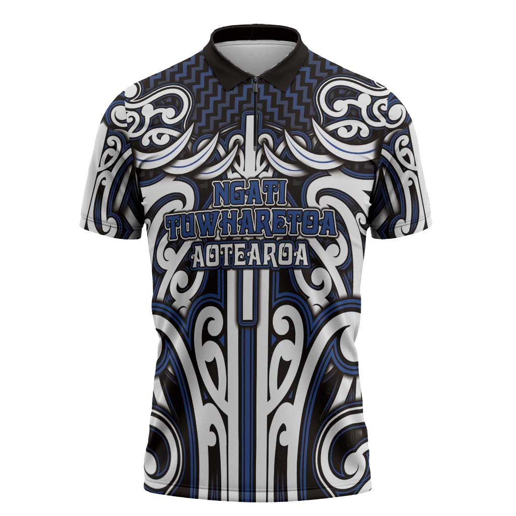 Custom Aotearoa Ngati Tuwharetoa Zipper Polo Shirt Maori Tribal Pattern Mix Poutama LT05 Navy - Polynesian Pride