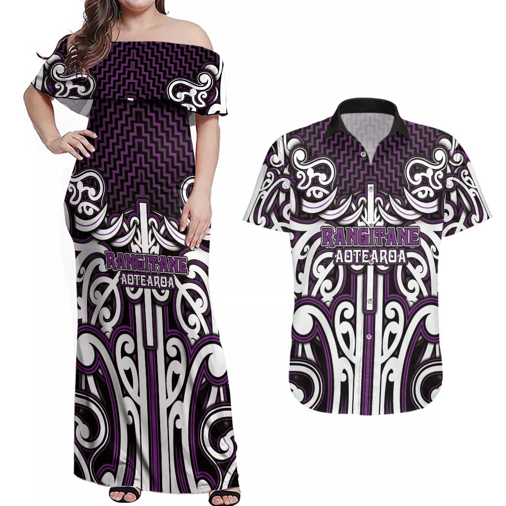 Custom Aotearoa Rangitane Couples Matching Off Shoulder Maxi Dress and Hawaiian Shirt Maori Tribal Pattern Mix Poutama LT05 Purple - Polynesian Pride