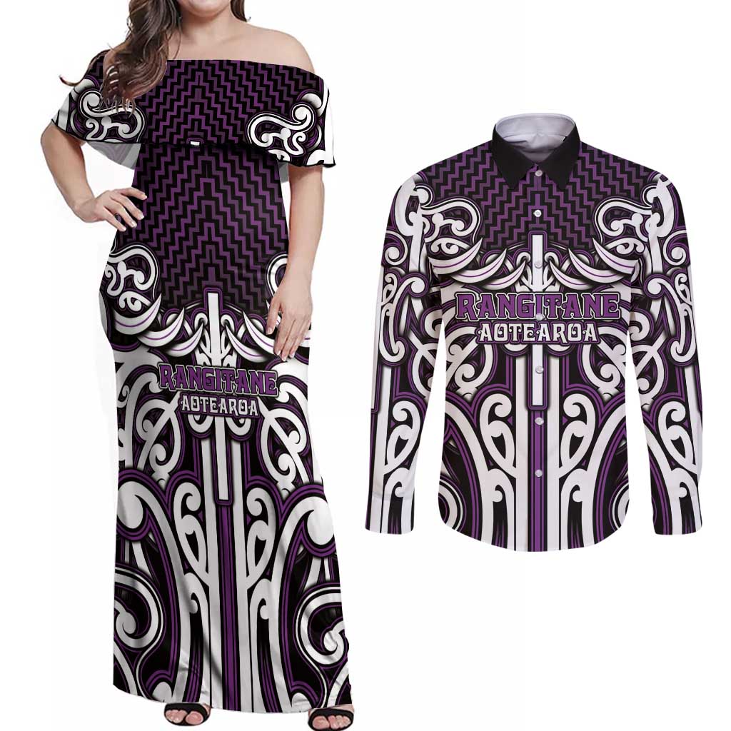 Custom Aotearoa Rangitane Couples Matching Off Shoulder Maxi Dress and Long Sleeve Button Shirt Maori Tribal Pattern Mix Poutama LT05 Purple - Polynesian Pride