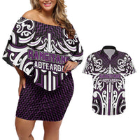 Custom Aotearoa Rangitane Couples Matching Off Shoulder Short Dress and Hawaiian Shirt Maori Tribal Pattern Mix Poutama LT05 Purple - Polynesian Pride