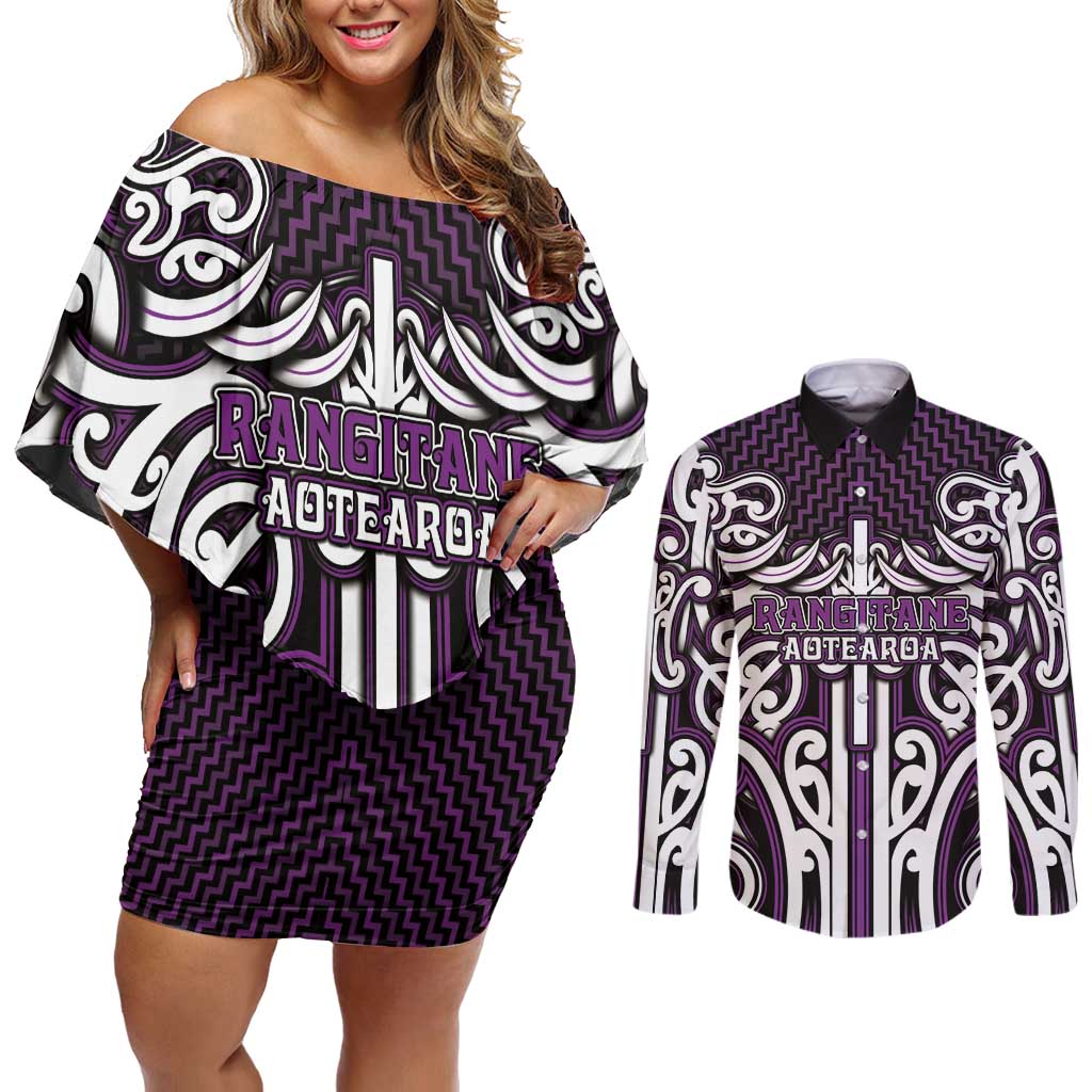 Custom Aotearoa Rangitane Couples Matching Off Shoulder Short Dress and Long Sleeve Button Shirt Maori Tribal Pattern Mix Poutama LT05 Purple - Polynesian Pride