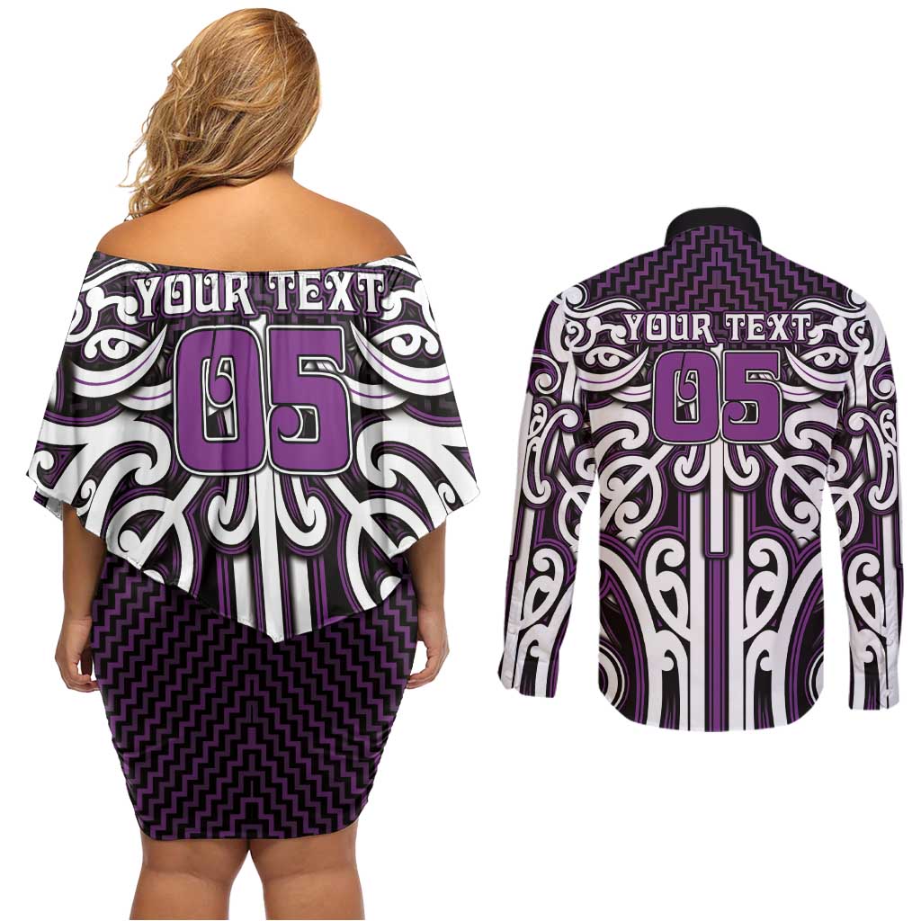 Custom Aotearoa Rangitane Couples Matching Off Shoulder Short Dress and Long Sleeve Button Shirt Maori Tribal Pattern Mix Poutama LT05 - Polynesian Pride