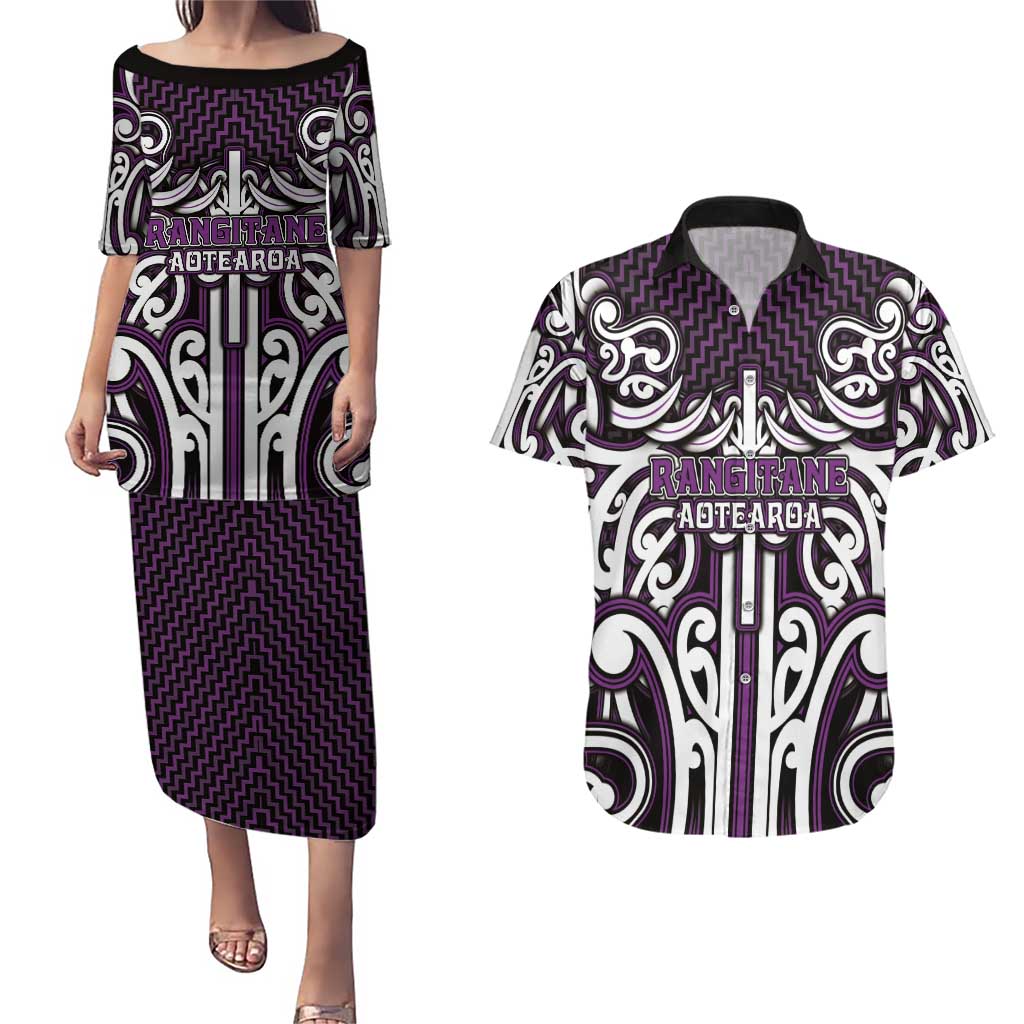Custom Aotearoa Rangitane Couples Matching Puletasi and Hawaiian Shirt Maori Tribal Pattern Mix Poutama LT05 Purple - Polynesian Pride