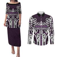 Custom Aotearoa Rangitane Couples Matching Puletasi and Long Sleeve Button Shirt Maori Tribal Pattern Mix Poutama LT05 Purple - Polynesian Pride