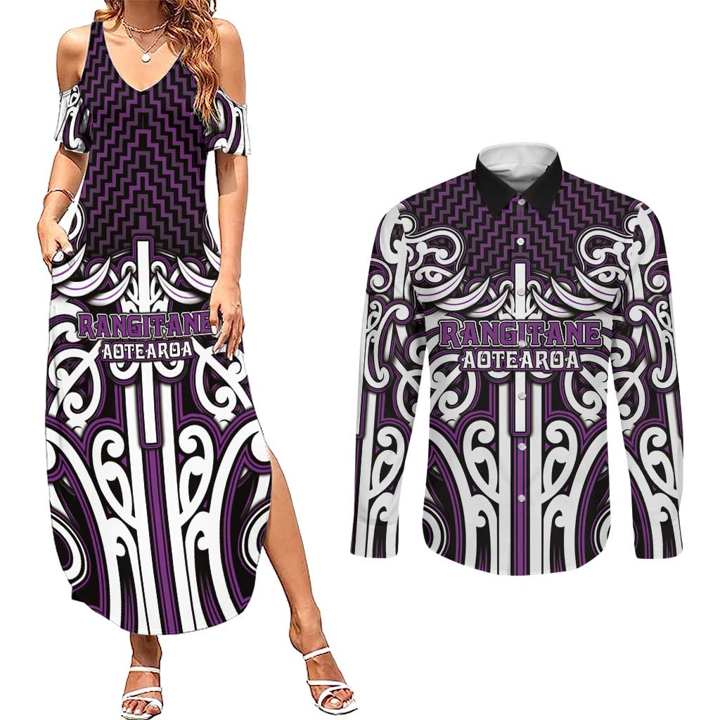 Custom Aotearoa Rangitane Couples Matching Summer Maxi Dress and Long Sleeve Button Shirt Maori Tribal Pattern Mix Poutama LT05 Purple - Polynesian Pride