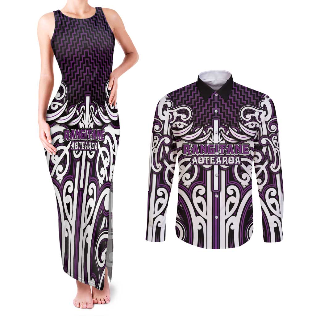 Custom Aotearoa Rangitane Couples Matching Tank Maxi Dress and Long Sleeve Button Shirt Maori Tribal Pattern Mix Poutama LT05 Purple - Polynesian Pride