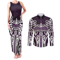 Custom Aotearoa Rangitane Couples Matching Tank Maxi Dress and Long Sleeve Button Shirt Maori Tribal Pattern Mix Poutama LT05 Purple - Polynesian Pride