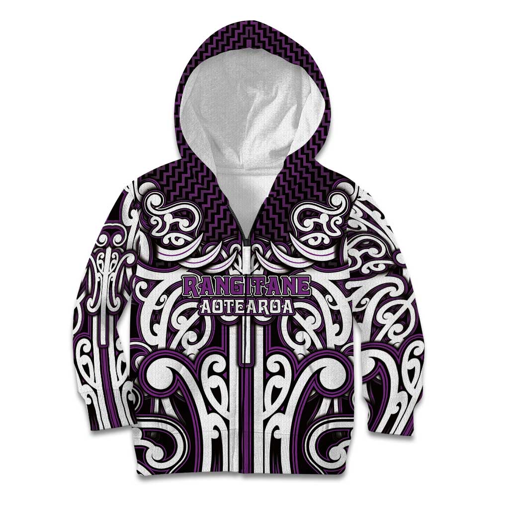 Custom Aotearoa Rangitane Kid Hoodie Maori Tribal Pattern Mix Poutama LT05 Zip Hoodie Purple - Polynesian Pride