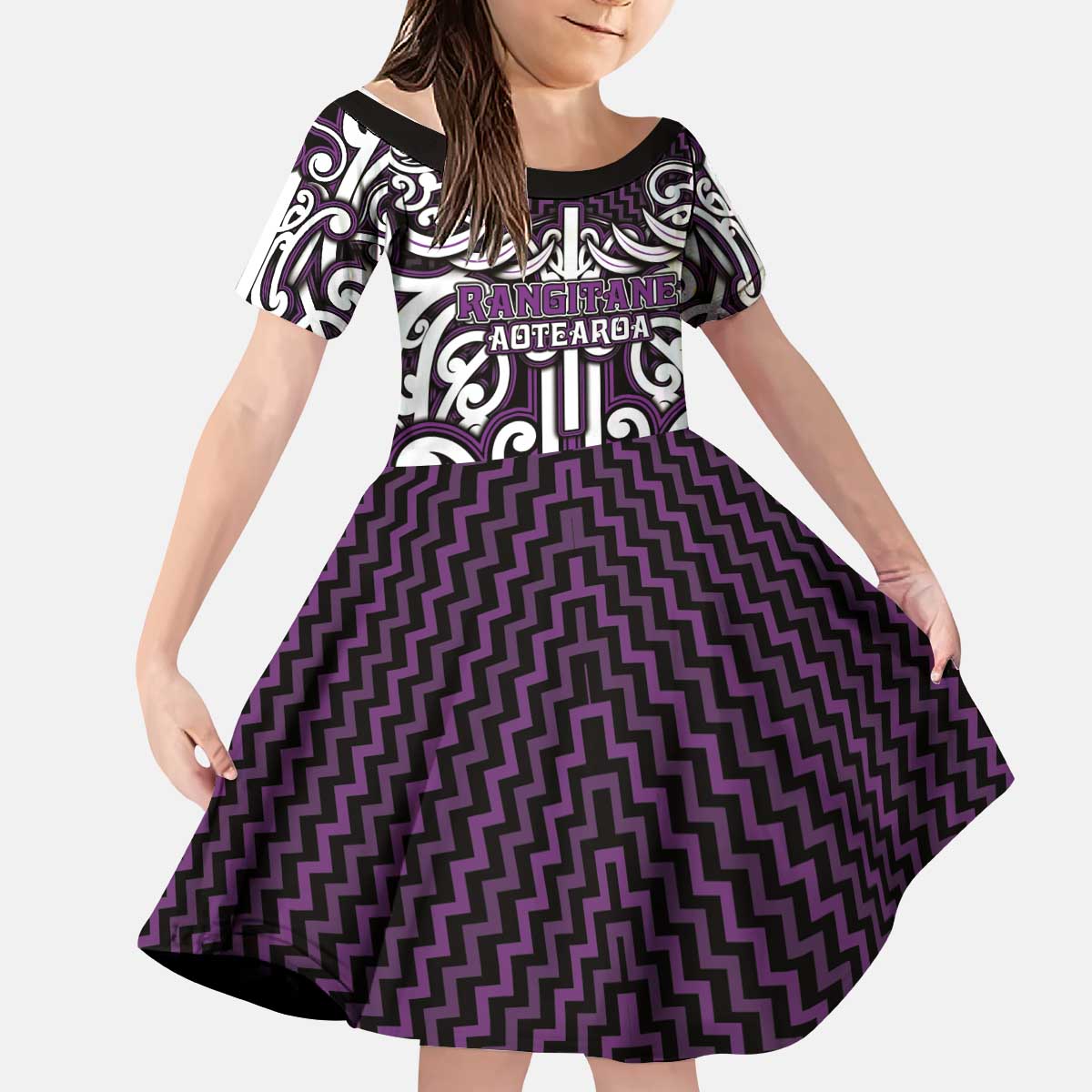 Custom Aotearoa Rangitane Kid Short Sleeve Dress Maori Tribal Pattern Mix Poutama LT05 KID Purple - Polynesian Pride