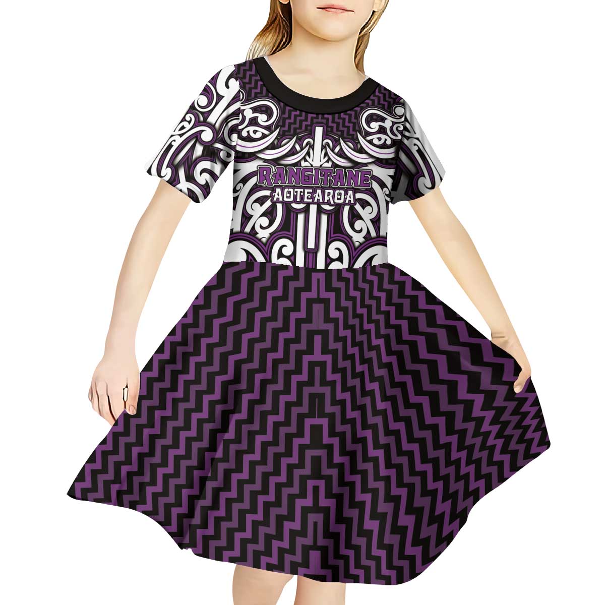 Custom Aotearoa Rangitane Kid Short Sleeve Dress Maori Tribal Pattern Mix Poutama LT05 - Polynesian Pride