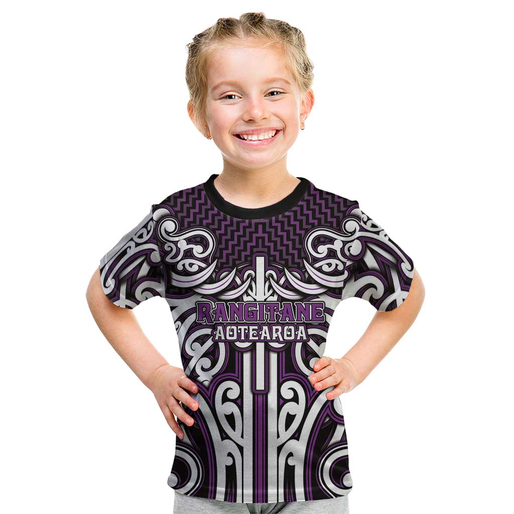 Custom Aotearoa Rangitane Kid T Shirt Maori Tribal Pattern Mix Poutama LT05 Purple - Polynesian Pride