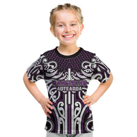 Custom Aotearoa Rangitane Kid T Shirt Maori Tribal Pattern Mix Poutama LT05 Purple - Polynesian Pride