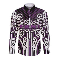 Custom Aotearoa Rangitane Long Sleeve Button Shirt Maori Tribal Pattern Mix Poutama LT05 Unisex Purple - Polynesian Pride