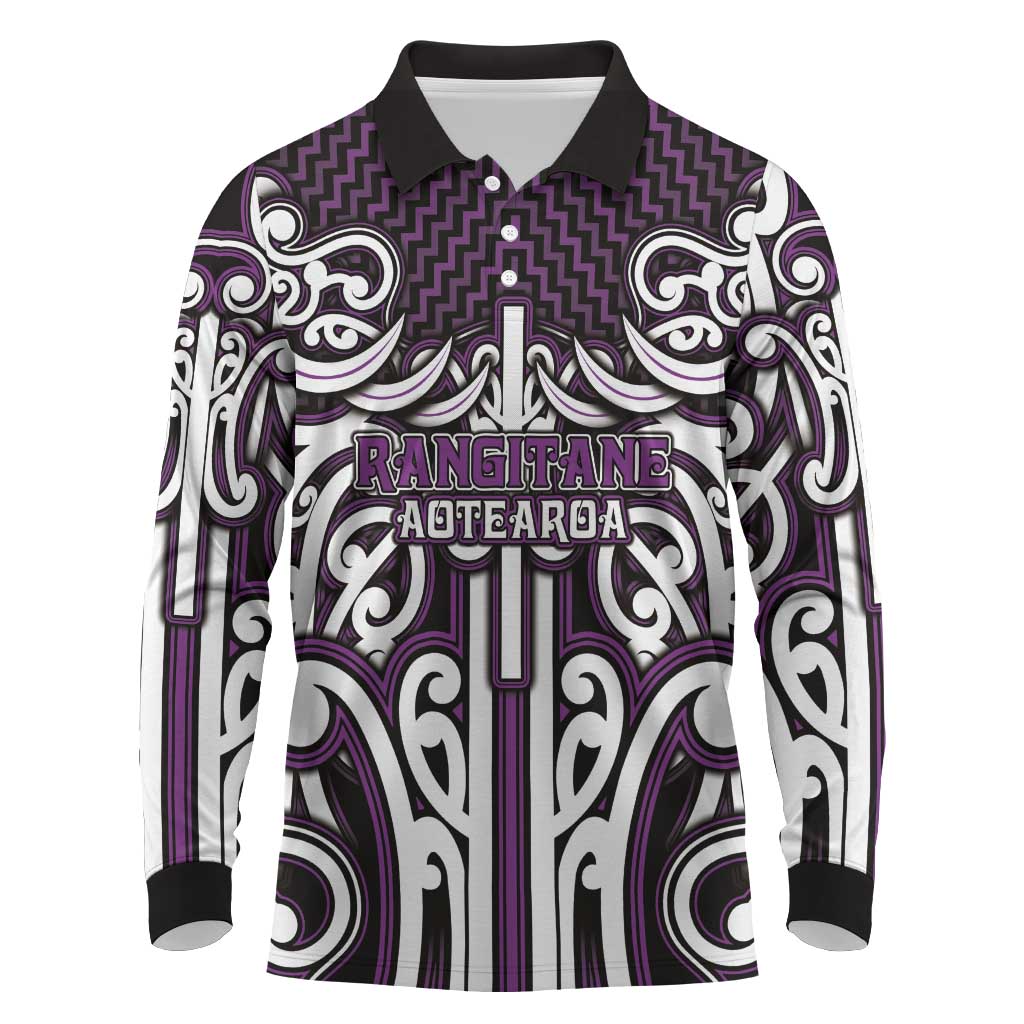 Custom Aotearoa Rangitane Long Sleeve Polo Shirt Maori Tribal Pattern Mix Poutama LT05 Purple - Polynesian Pride