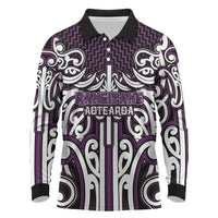 Custom Aotearoa Rangitane Long Sleeve Polo Shirt Maori Tribal Pattern Mix Poutama LT05 Purple - Polynesian Pride