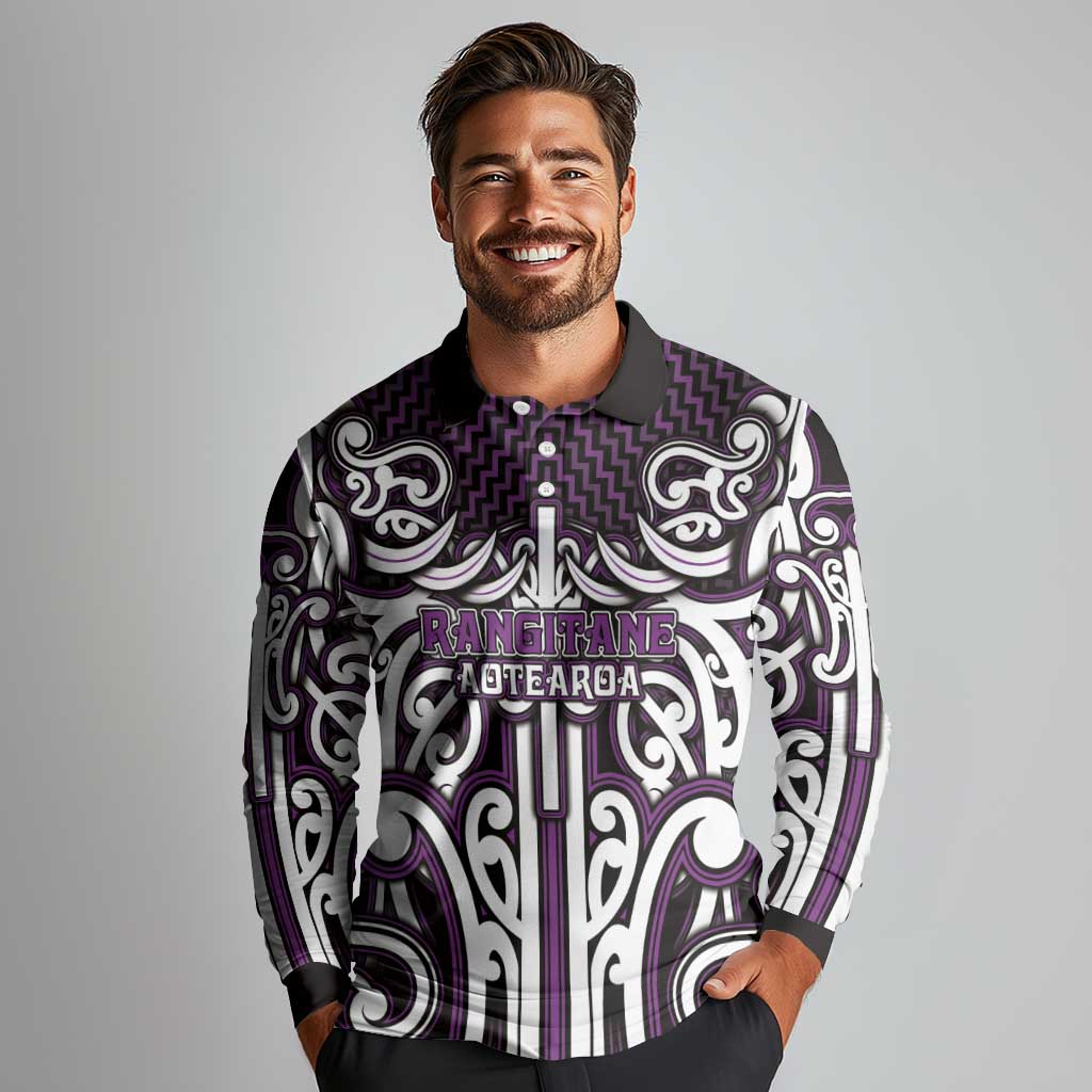 Custom Aotearoa Rangitane Long Sleeve Polo Shirt Maori Tribal Pattern Mix Poutama LT05 - Polynesian Pride