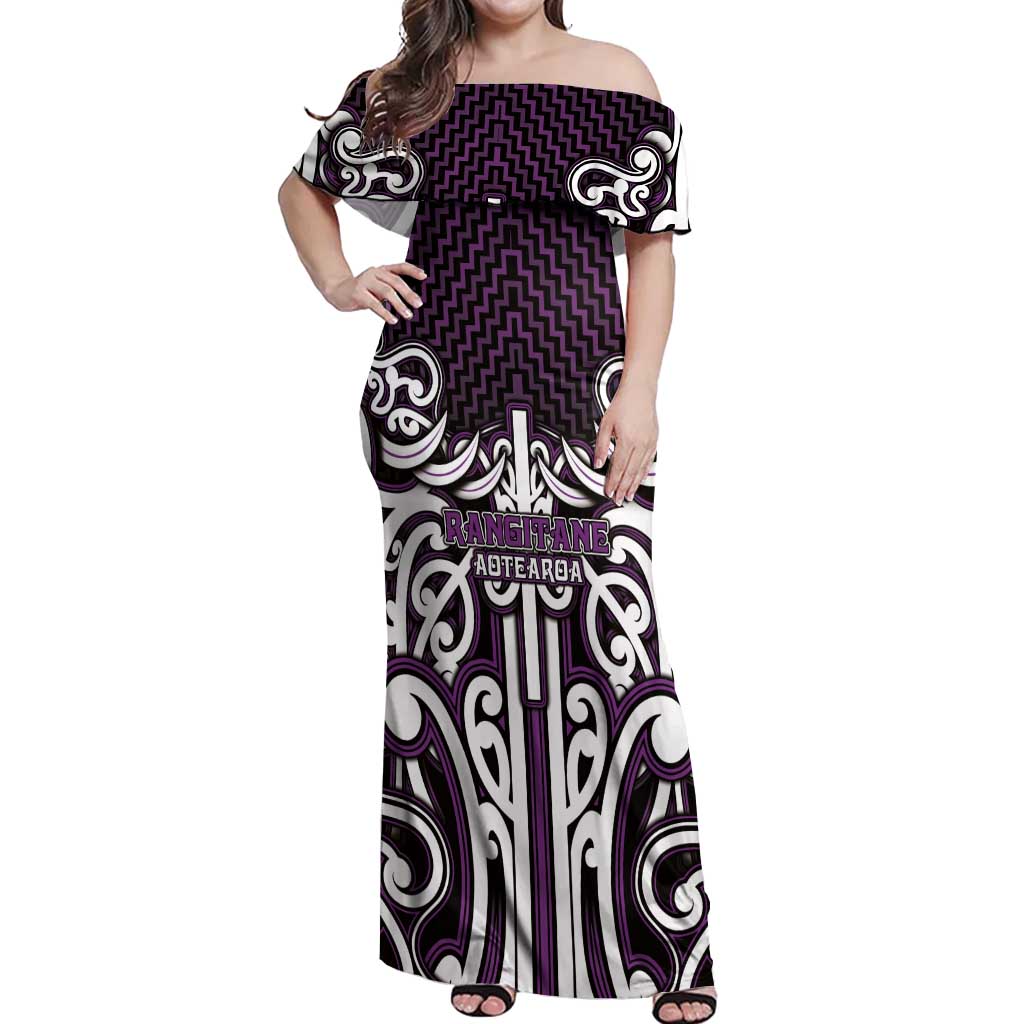 Custom Aotearoa Rangitane Off Shoulder Maxi Dress Maori Tribal Pattern Mix Poutama LT05 Women Purple - Polynesian Pride