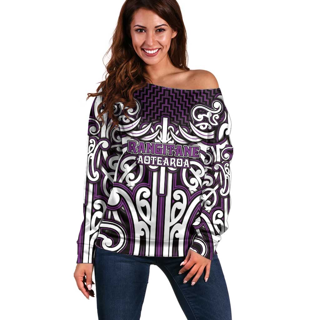 Custom Aotearoa Rangitane Off Shoulder Sweater Maori Tribal Pattern Mix Poutama LT05 Women Purple - Polynesian Pride