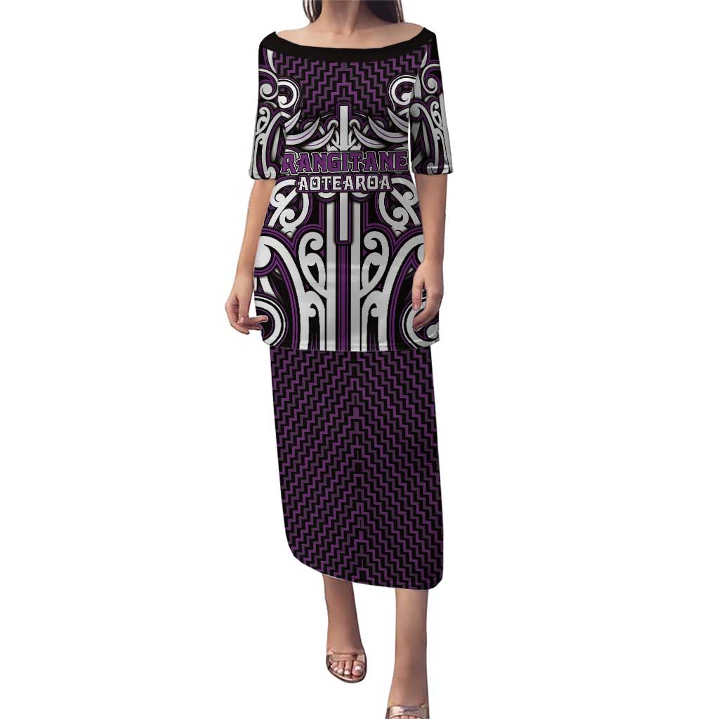 Custom Aotearoa Rangitane Puletasi Maori Tribal Pattern Mix Poutama LT05 Long Dress Purple - Polynesian Pride