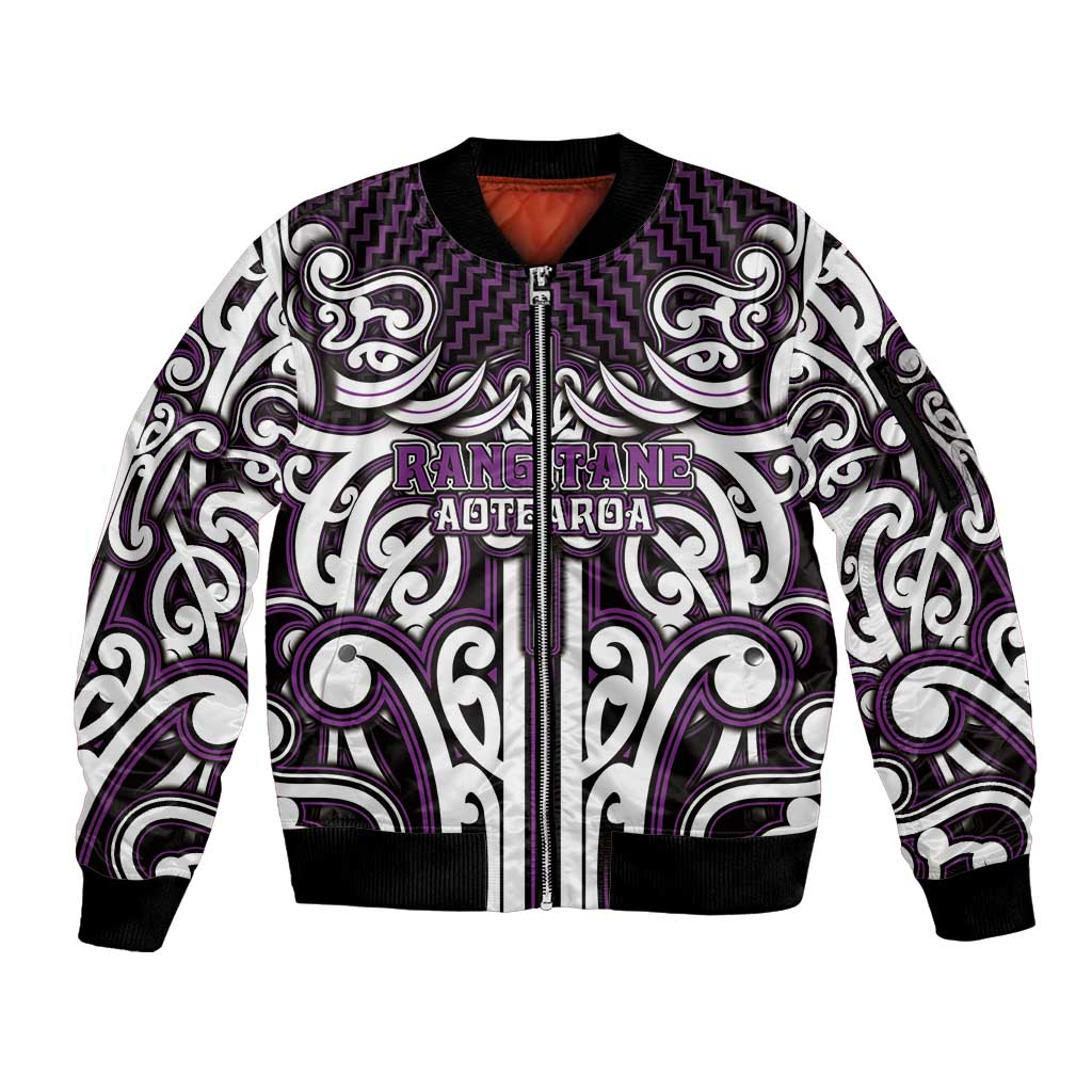 Custom Aotearoa Rangitane Sleeve Zip Bomber Jacket Maori Tribal Pattern Mix Poutama LT05 Unisex Purple - Polynesian Pride