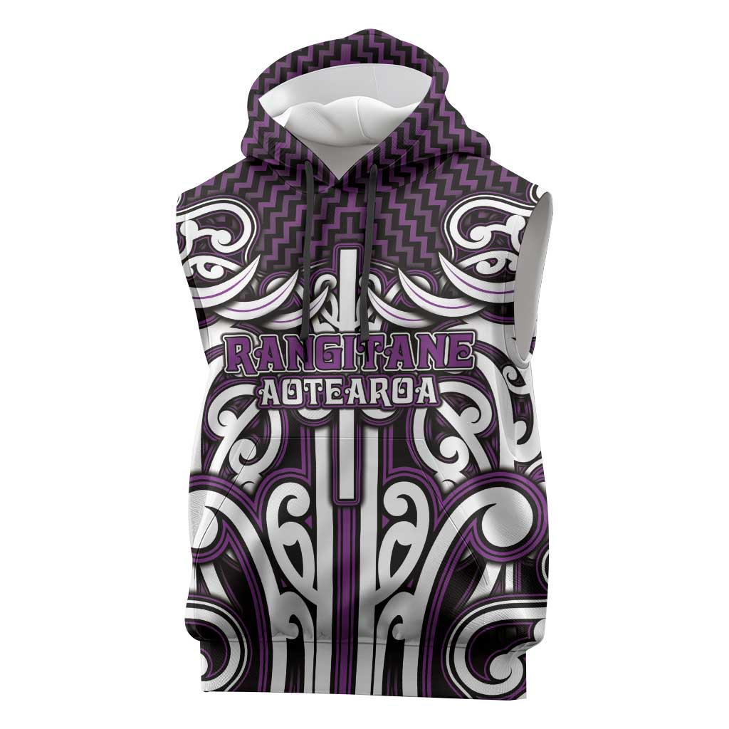 Custom Aotearoa Rangitane Sleeveless Hoodie Maori Tribal Pattern Mix Poutama LT05 Purple - Polynesian Pride
