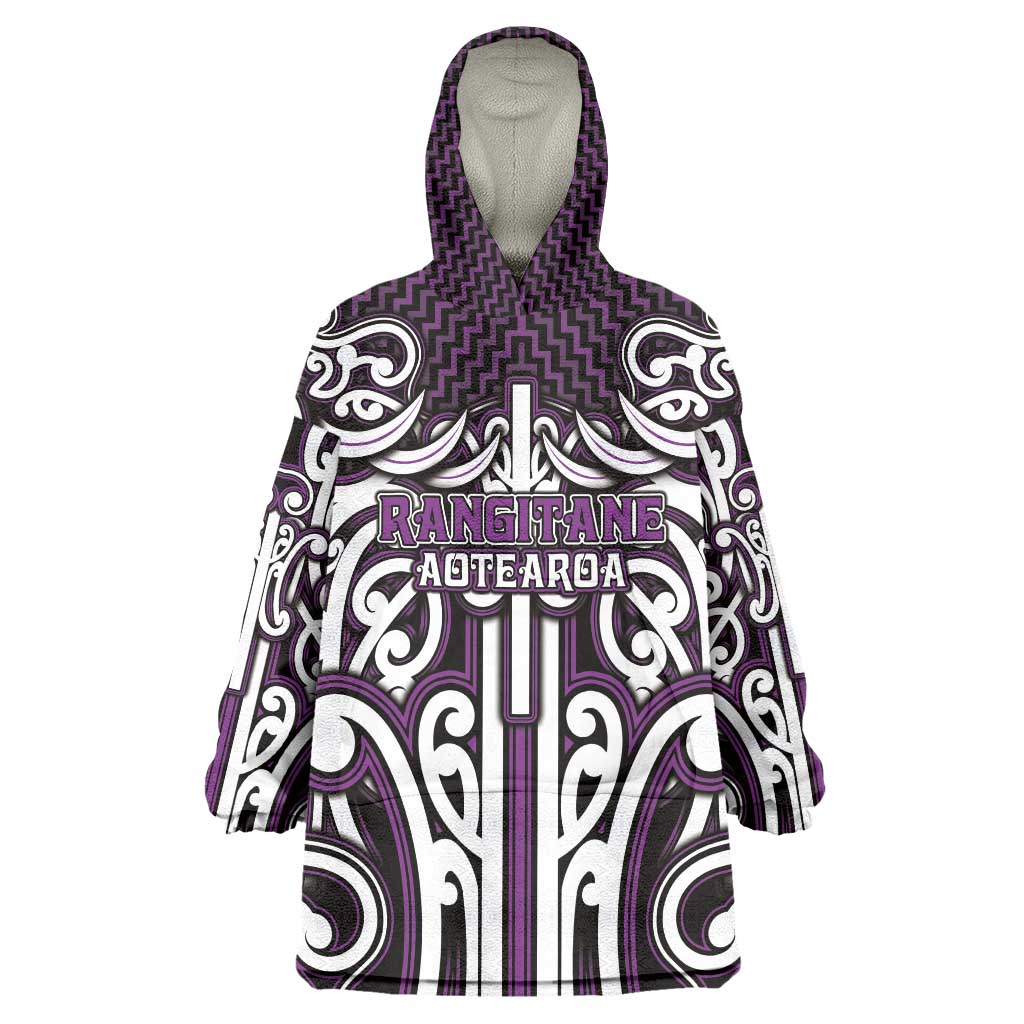 Custom Aotearoa Rangitane Wearable Blanket Hoodie Maori Tribal Pattern Mix Poutama LT05 One Size Purple - Polynesian Pride