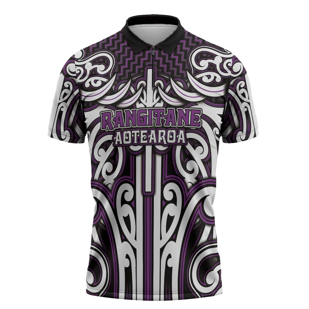 Custom Aotearoa Rangitane Zipper Polo Shirt Maori Tribal Pattern Mix Poutama LT05 Purple - Polynesian Pride