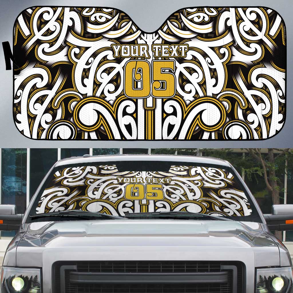 Custom Aotearoa Taranaki Auto Sun Shade Maori Tribal Pattern Mix Poutama LT05 Yellow - Polynesian Pride