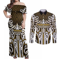 Custom Aotearoa Taranaki Couples Matching Off Shoulder Maxi Dress and Long Sleeve Button Shirt Maori Tribal Pattern Mix Poutama