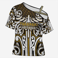 Custom Aotearoa Taranaki Cross Shoulder Shirt Maori Tribal Pattern Mix Poutama LT05 Female Yellow - Polynesian Pride