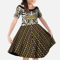 Custom Aotearoa Taranaki Family Matching Off The Shoulder Long Sleeve Dress and Hawaiian Shirt Maori Tribal Pattern Mix Poutama LT05 Daughter's Dress Yellow - Polynesian Pride
